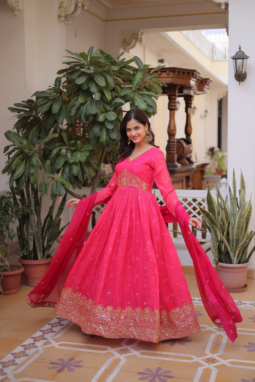 Premium Ready-to-Wear Silk Gown with Embroidered Sequined Dupatta Set
