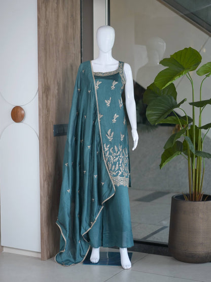 Designer Fusion Style Luxury Edition Women's Ethnic Ensemble – Vichitra Silk Embroidered Top, Palazzo, and Heavy Lace Dupatta