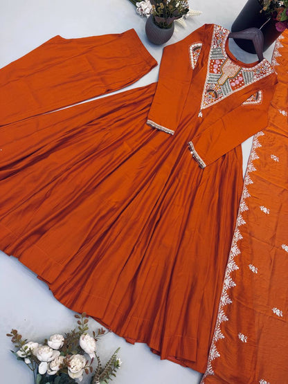 RangBhoomi Elegant Embroidered Sequence with Real Mirror Designer Anarkali Three Piece Set