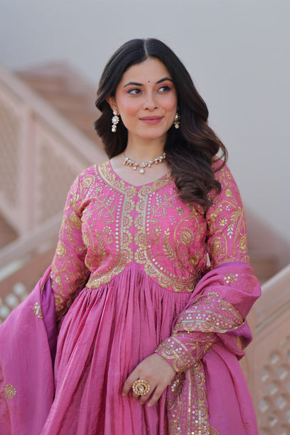 Trending Gold Gown: Crush Fabric, Embroidered Dupatta