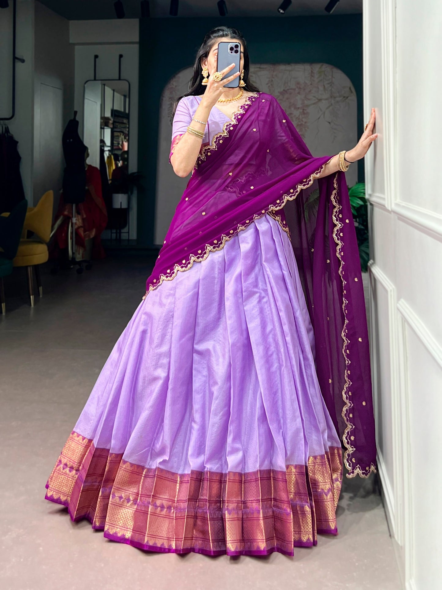 Soulfully Traditional Cotton Silk Lehenga Set with Royal Zari Work, Georgette Dupatta, and Elegant Scalloped Borders