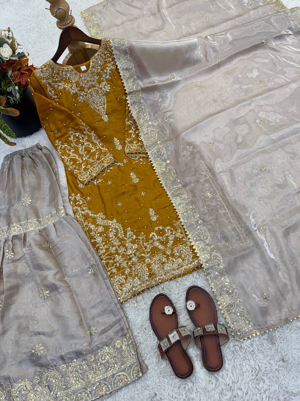 RangBhoomi Exclusive Designer Partywear Set – Pure Heavy GMY Silk with Elaborate Embroidery and Sequins