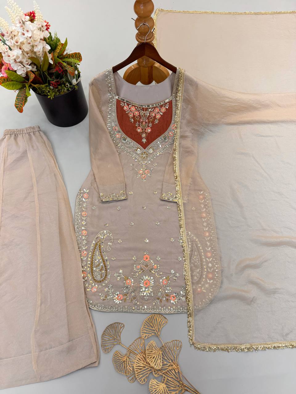 RangBhoomi NC Moss Designer Embroidered Top-Bottom & Dupatta Set — Fully Stitched Ready to Wear
