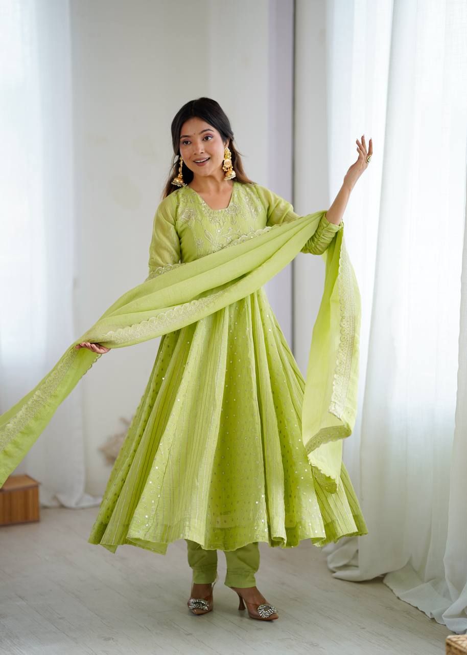 Festive Ready-to-Wear Fully Stitched Anarkali Gown Set with Embroidered Sequins and Lace-Trimmed Dupatta