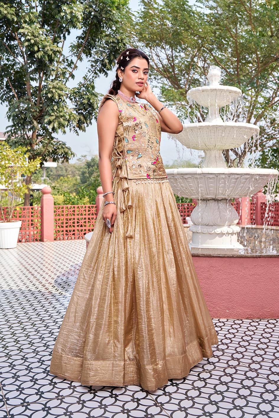 RangBhoomi Exquisite Wedding Lehenga Choli Set in Pure Gold Crush Fabric with Heavy Embroidery and Thread Work