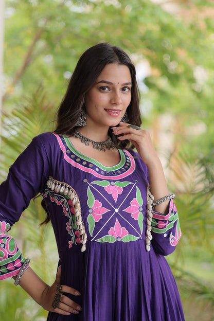 RangBhoomi Navratri Embroidered Kora Cotton Gown - Full Sleeve 54" Length (Rust, Purple)