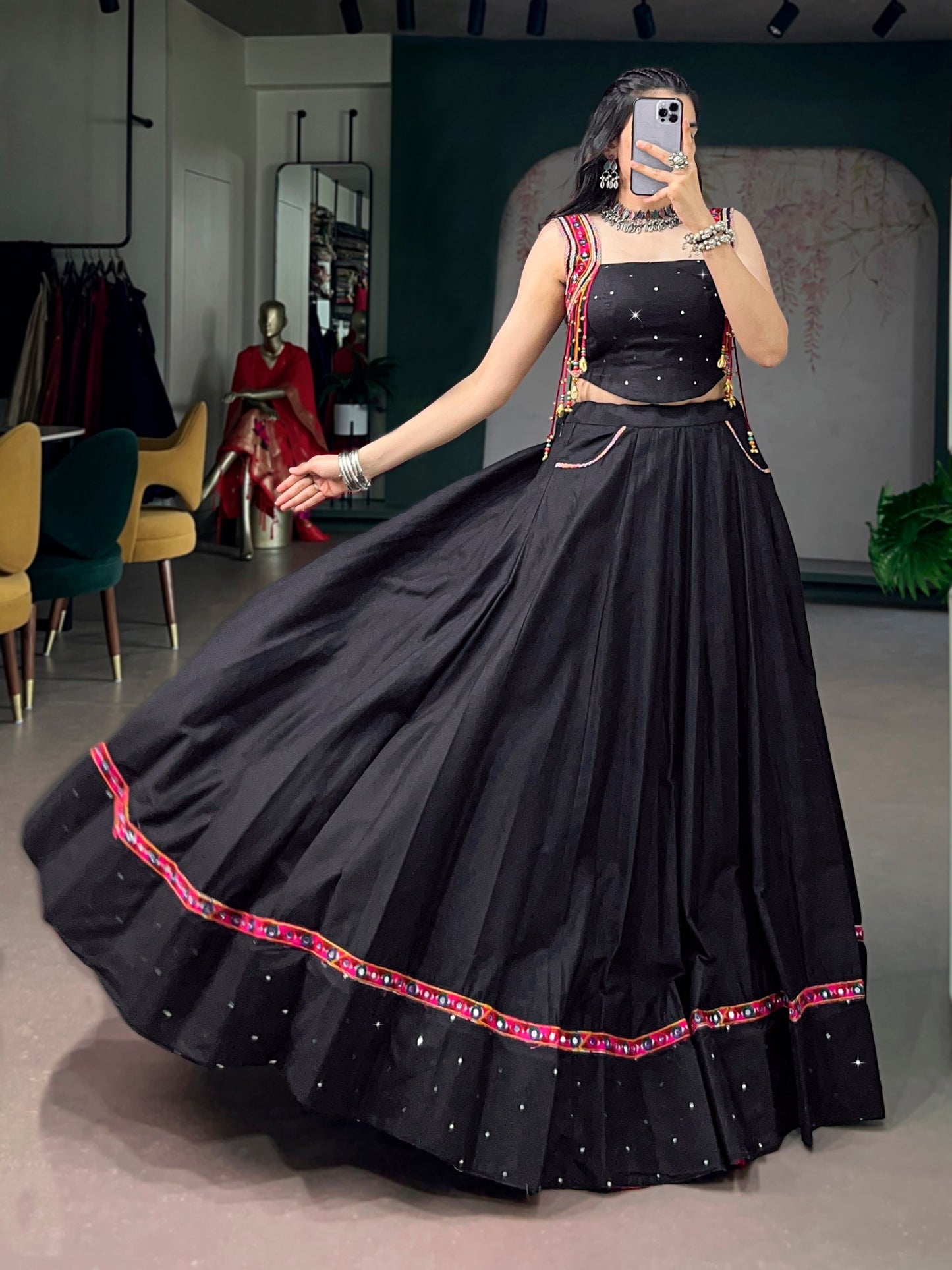 RangBhoomi Black Cotton Mirror-Work Lehenga for Navratri — 5m Flair with Multicolor Tassels