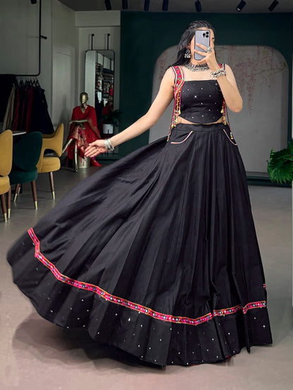 RangBhoomi Black Cotton Mirror-Work Lehenga for Navratri — 5m Flair with Multicolor Tassels