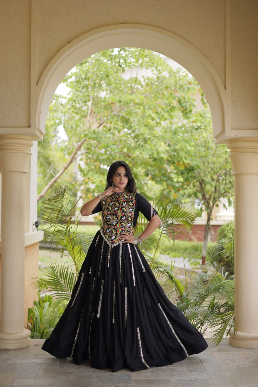 RangBhoomi Navratri Reflective Rayon Lehenga Set with Mirror & Gota Lace (Black, Maroon, White)