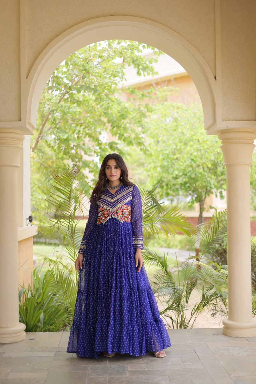 RangBhoomi Bandhani & Kutchi Patchwork Faux Georgette Gown — Navratri Special