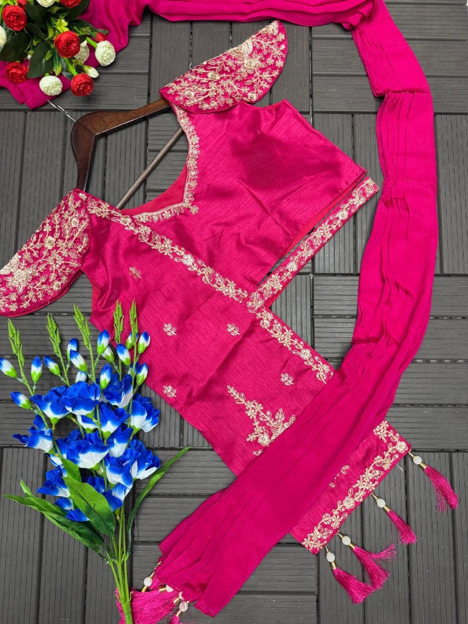 Elegant Embroidered Lehenga Choli Set with Stylish Jacket – Free Size, Premium Fabrics