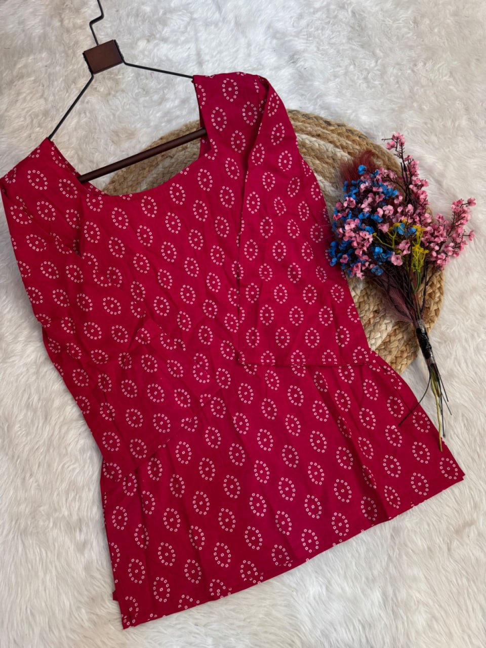 RangBhoomi Premium Cotton Bandhej Printed Top and Linen Cotton Farsi Style Pant Set
