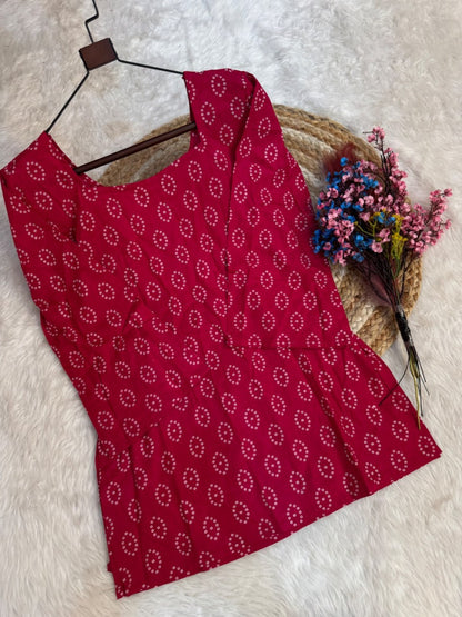 RangBhoomi Premium Cotton Bandhej Printed Top and Linen Cotton Farsi Style Pant Set