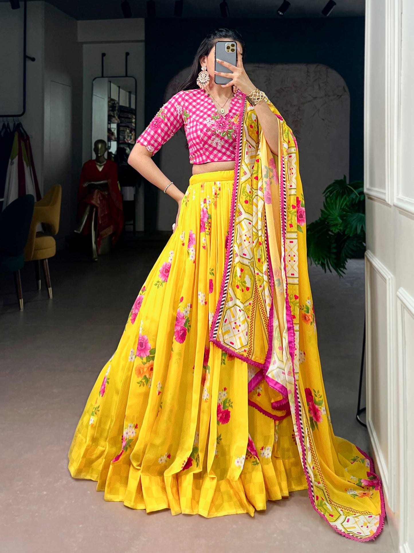 Elegant Floral Georgette Lehenga Set with Handcrafted Blouse and Lace-Trimmed Dupatta
