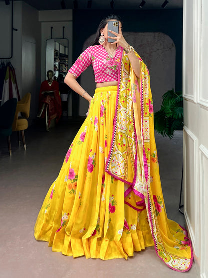 Elegant Floral Georgette Lehenga Set with Handcrafted Blouse and Lace-Trimmed Dupatta