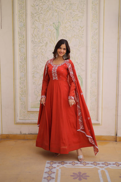 Elegant Mal Chanderi Gown and Dupatta Set with Bead Embroidery and Designer Cutwork Lace Border