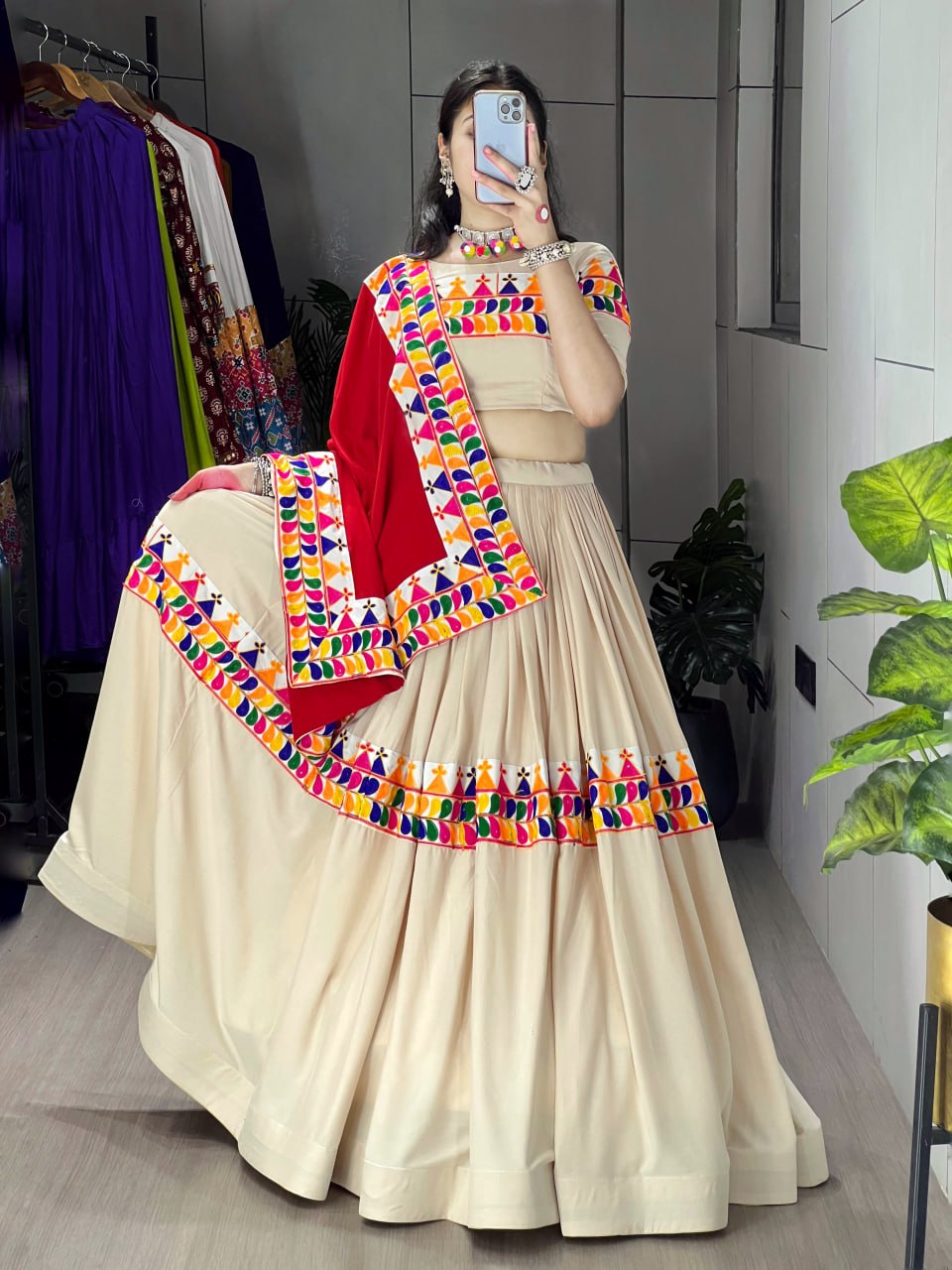 Exotic Vanilla-Toned Chaniya Choli with Multicolor Traditional Gamthi and Kutchchi Work