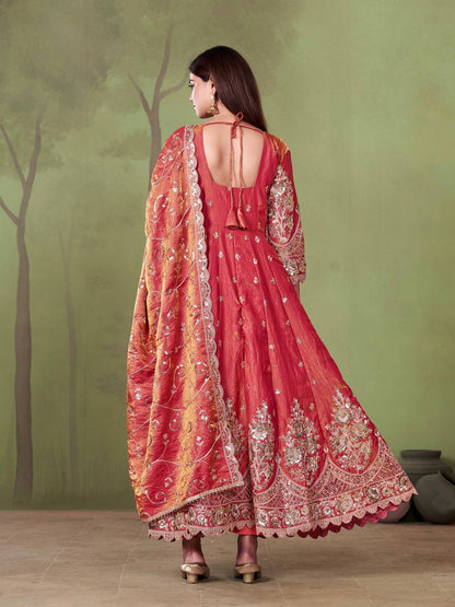 RangBhoomi Designer Party Wear Gown Set — 10 Colors, Heavy Jelly Shimmer Silk, Fully Stitched Embroidered Gown with Dupatta & Micro-Cotton Pant