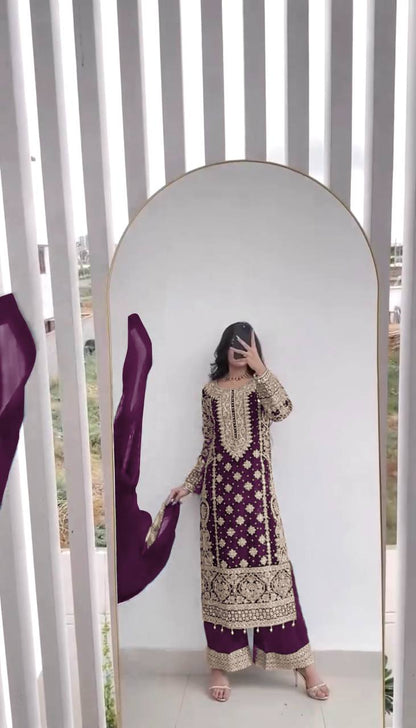 New Collection Faux Georgette Ensemble with Intricate Heavy Embroidery, Sequin Detailing, and Fully Stitched Ready-to-Wear Top, Bottom, and Dupatta Set