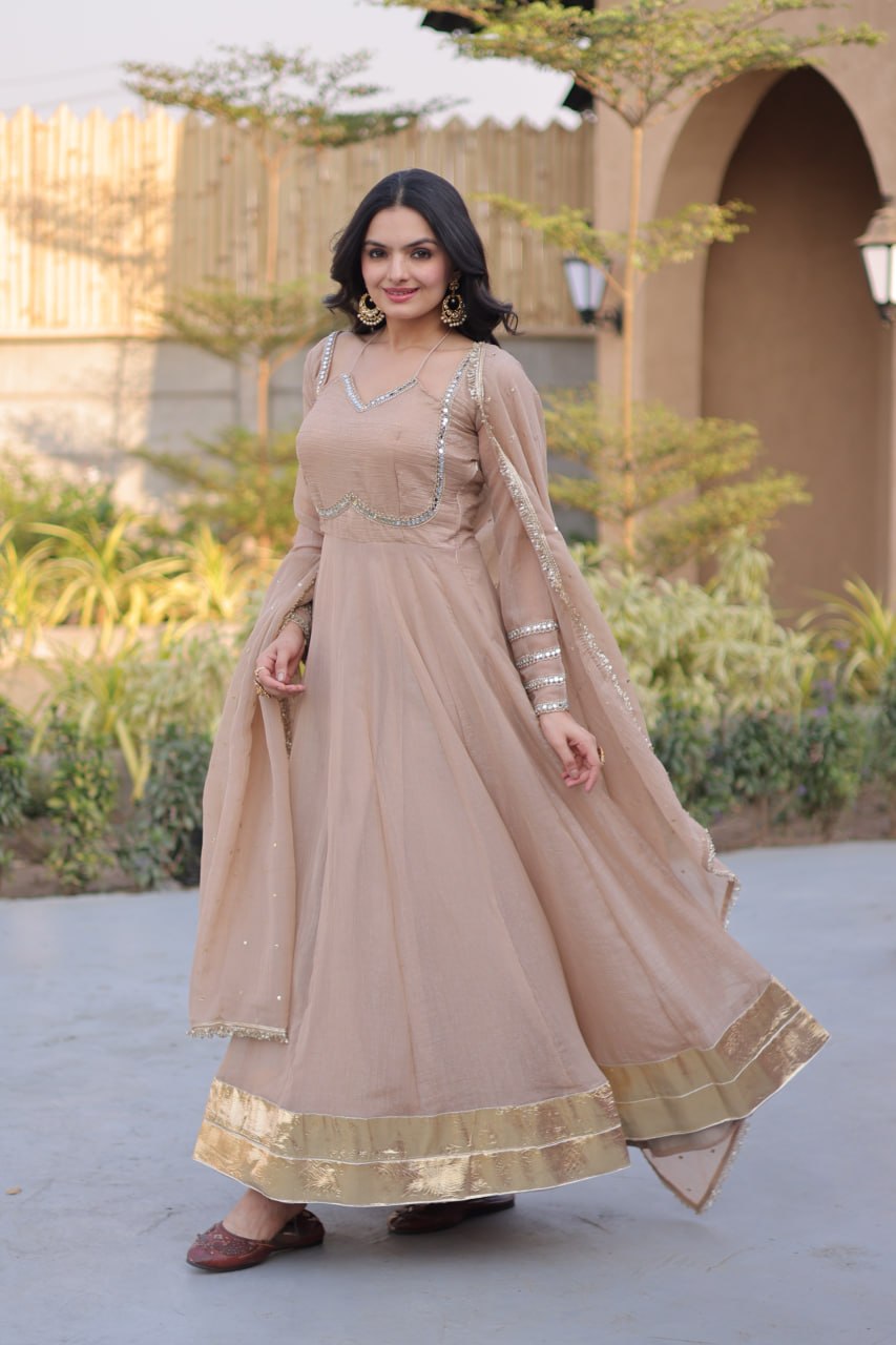 RangBhoomi Silver Mirror Lace Gown with Dupatta - Elegant Occasion Wear