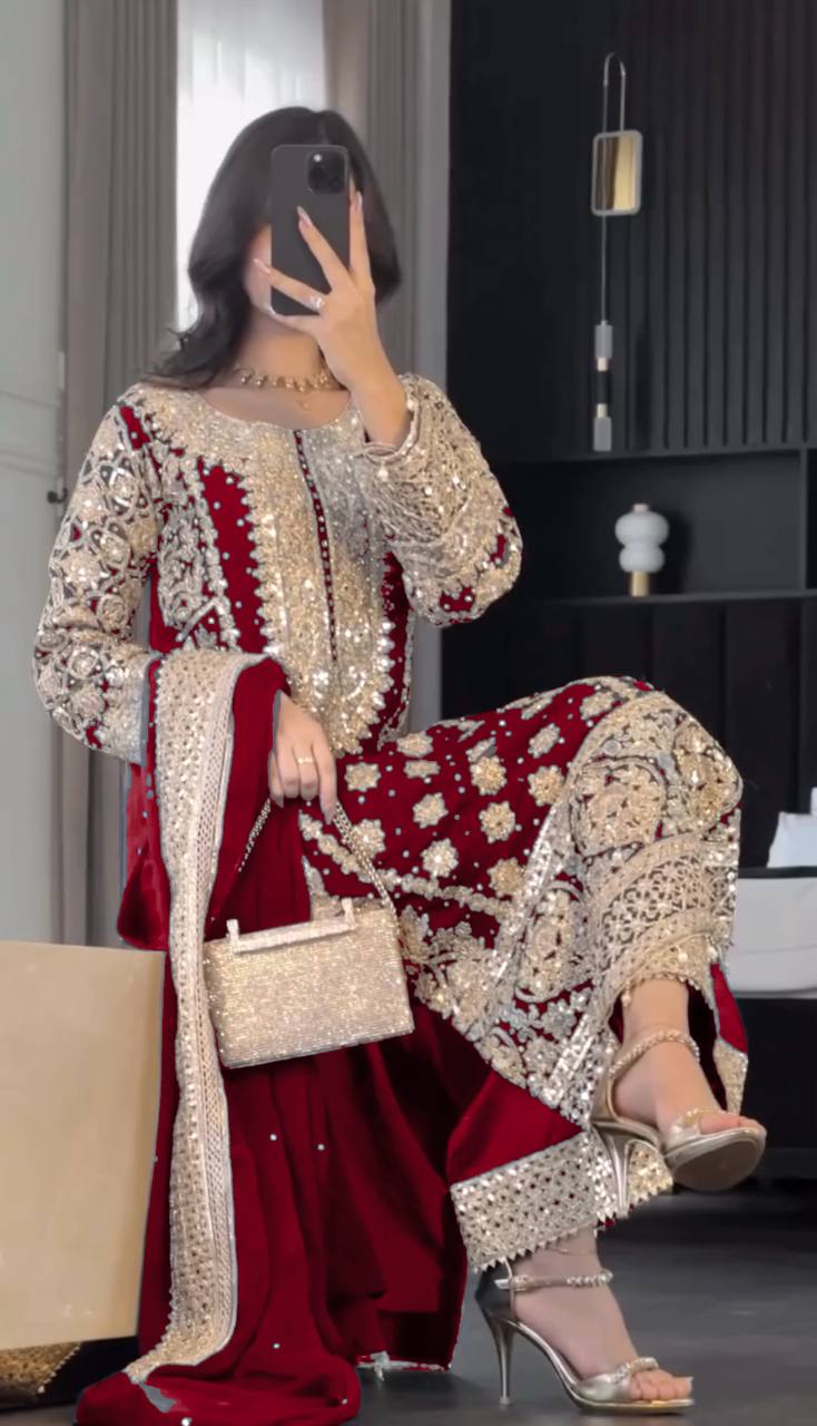 New Collection Faux Georgette Ensemble with Intricate Heavy Embroidery, Sequin Detailing, and Fully Stitched Ready-to-Wear Top, Bottom, and Dupatta Set