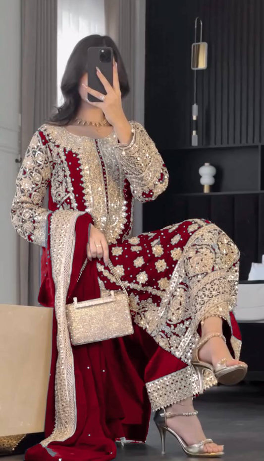 New Collection Faux Georgette Ensemble with Intricate Heavy Embroidery, Sequin Detailing, and Fully Stitched Ready-to-Wear Top, Bottom, and Dupatta Set