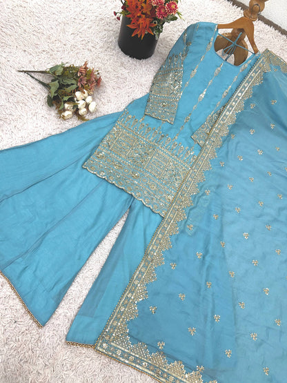 RangBhoomi Heavy Vichitra Silk Embroidered Top, Sharara & Dupatta Set