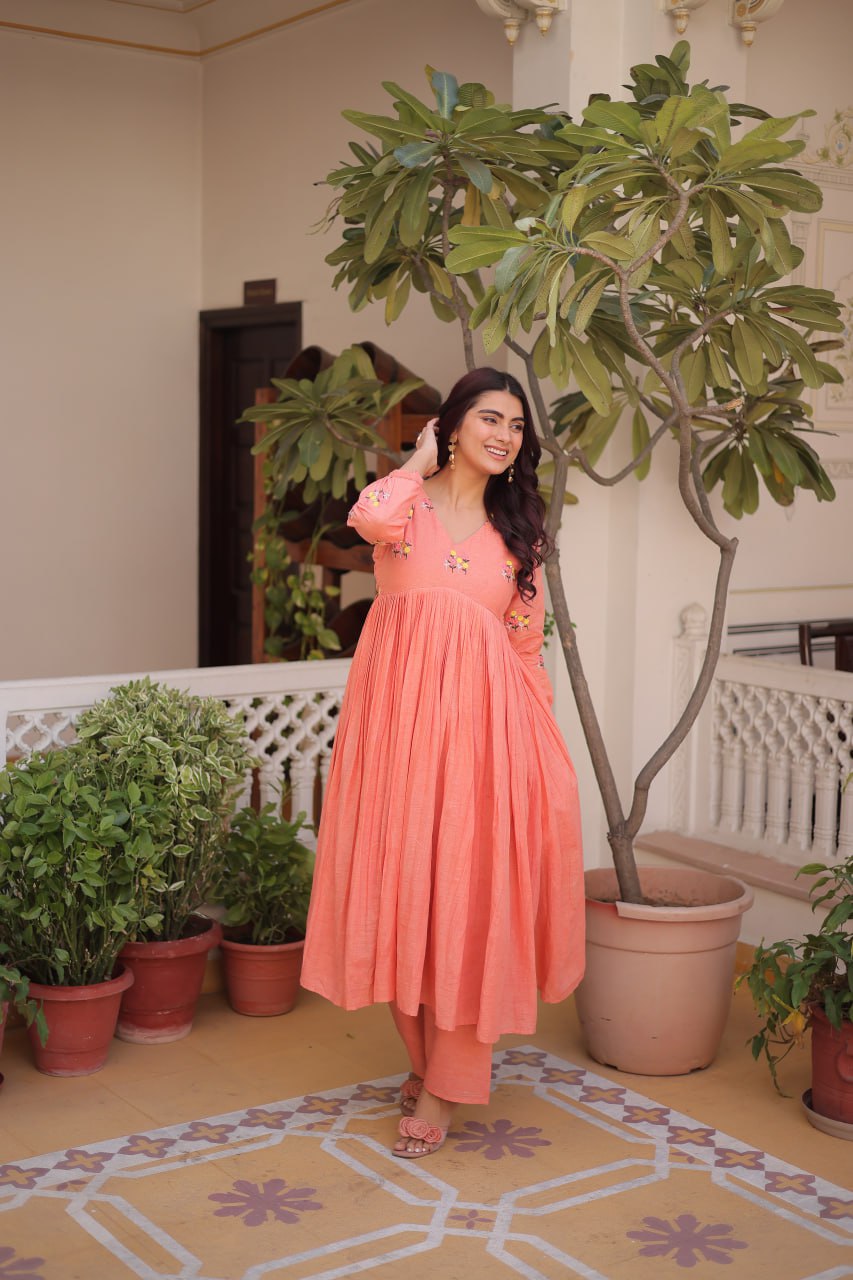 Premium Ready-to-Wear Embroidered Cotton Kurti with Matching Cotton Pants