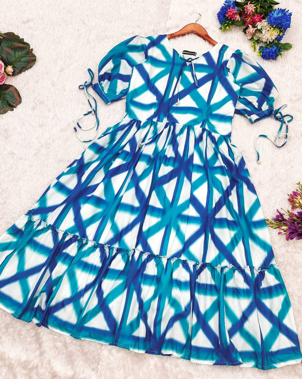Sajda Maxi Dress in blue-dark blue-white with tie details.