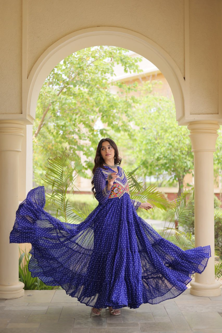 RangBhoomi Bandhani & Kutchi Patchwork Faux Georgette Gown — Navratri Special