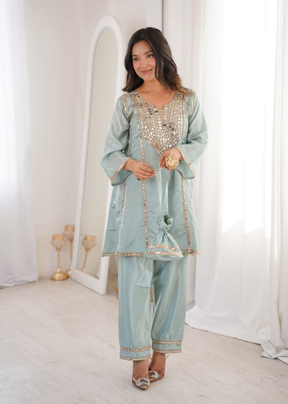 Ready-to-Wear Kurti and Pant Set with Decorative Drawstring Bag - Mirror Embroidered Collection 2026
