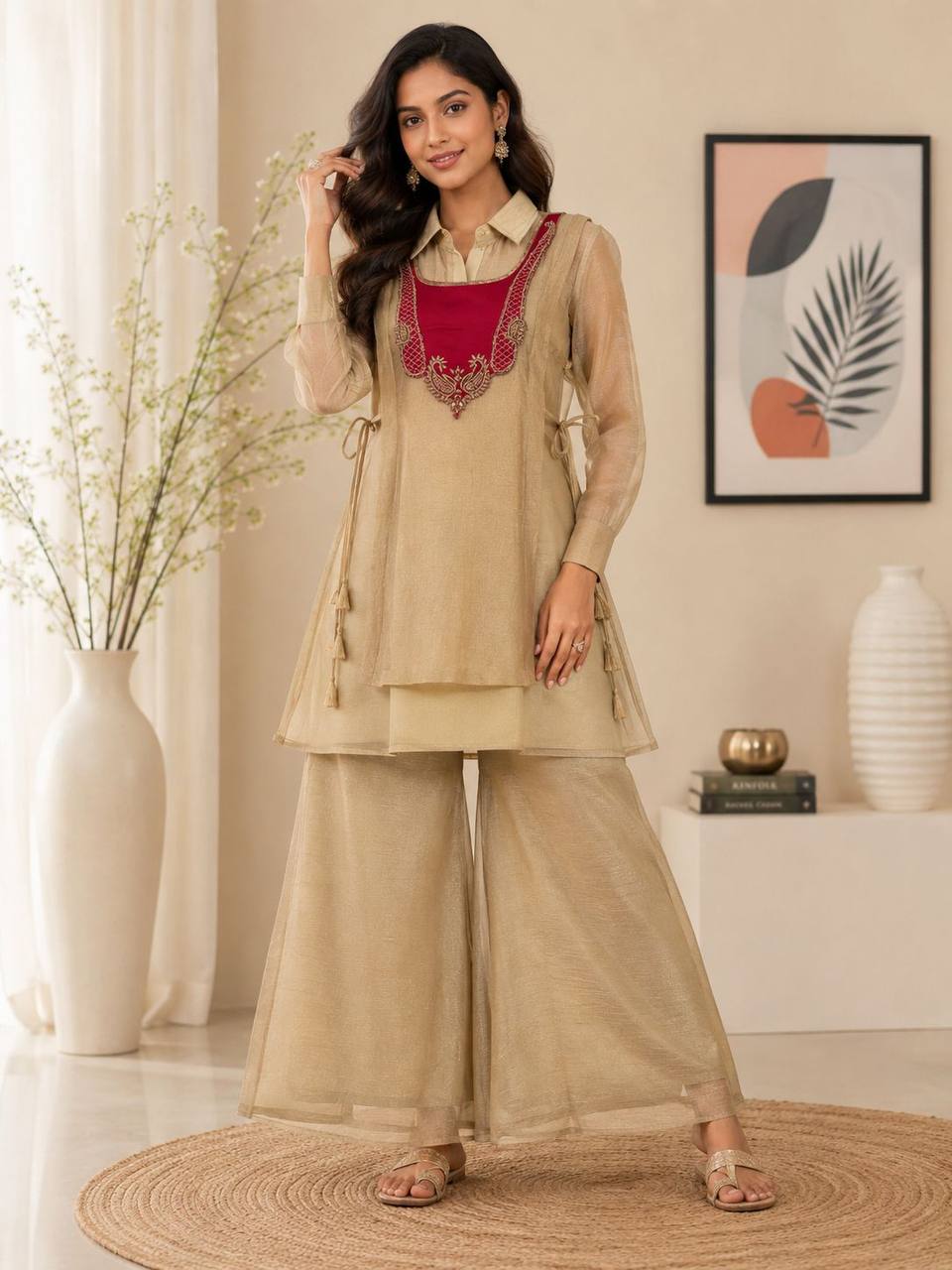 RangBhoomi Shimmer Pink Three-Piece Festive Coord Set
