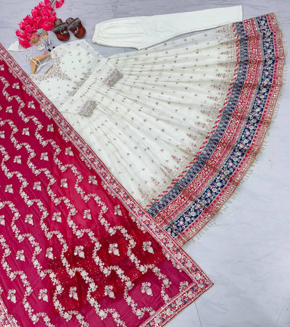 Elegant Party Wear Heavy Faux Georgette Gown with Embroidered Dupatta and Bottom Set