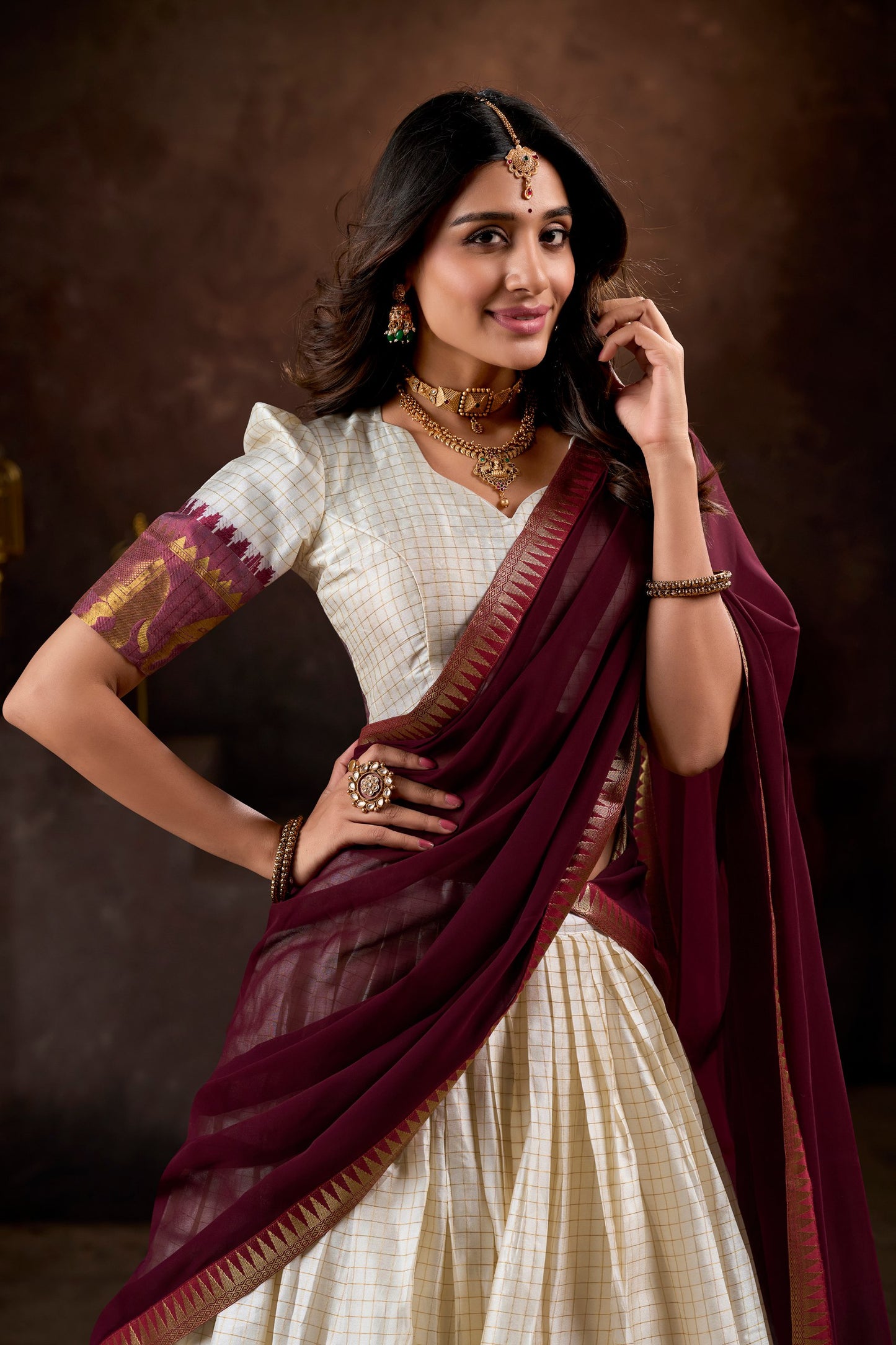 Traditional Cotton Polyblend Embroidered Lehenga Skirt with Unstitched Blouse and Flowing Georgette Scarf