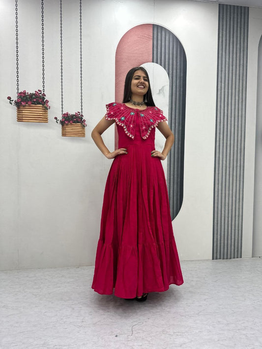 Trendy Hand-Embroidered Roman Fabric Gown with Soft Micro Cotton Lining, Fully Stitched, Available in Sizes M to XL and Beyond