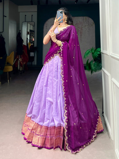 Soulfully Traditional Cotton Silk Lehenga Set with Royal Zari Work, Georgette Dupatta, and Elegant Scalloped Borders