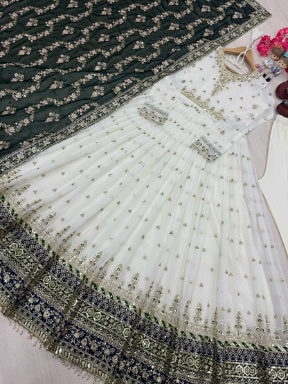 Elegant Party Wear Heavy Faux Georgette Gown with Embroidered Dupatta and Bottom Set