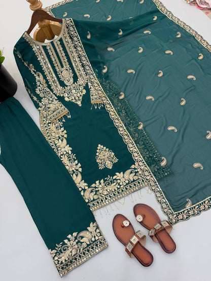 RangBhoomi Faux Georgette Heavy Embroidery Sequins Top-Bottom with Dupatta — Fully Stitched Set