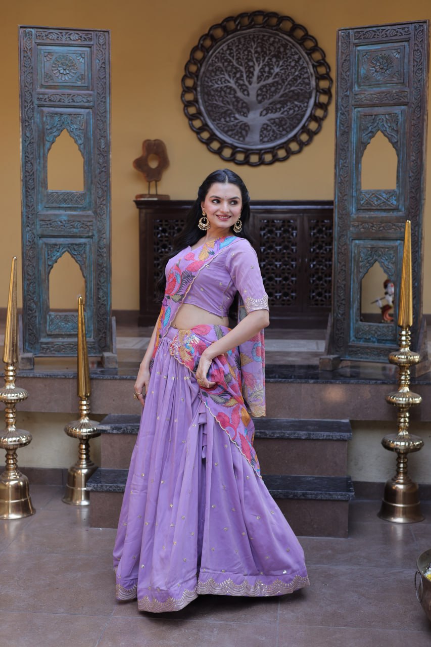 Elegant Lehengha Choli Set with Embroidered Cosmos Silk and Printed Tabby Silk Dupatta