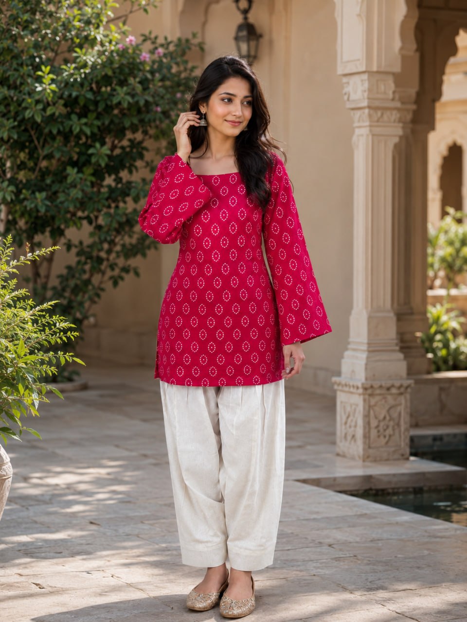 RangBhoomi Premium Cotton Bandhej Printed Top and Linen Cotton Farsi Style Pant Set