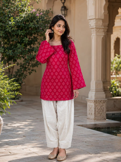 RangBhoomi Premium Cotton Bandhej Printed Top and Linen Cotton Farsi Style Pant Set
