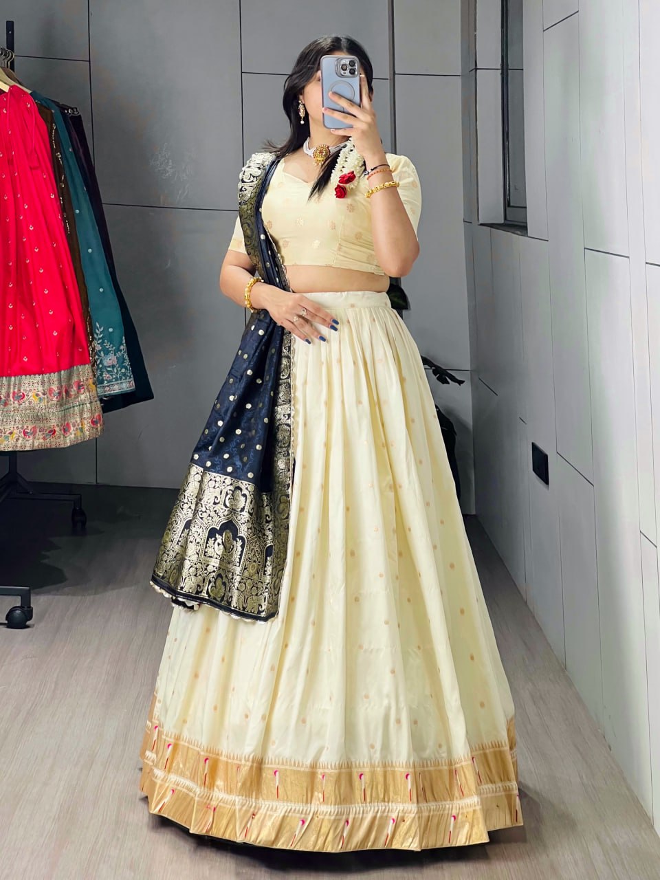 Exquisite Paithani Silk Lehenga Choli with Iconic Gold Zari Border and Satin Silk Dupatta