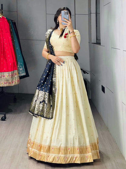 Exquisite Paithani Silk Lehenga Choli with Iconic Gold Zari Border and Satin Silk Dupatta
