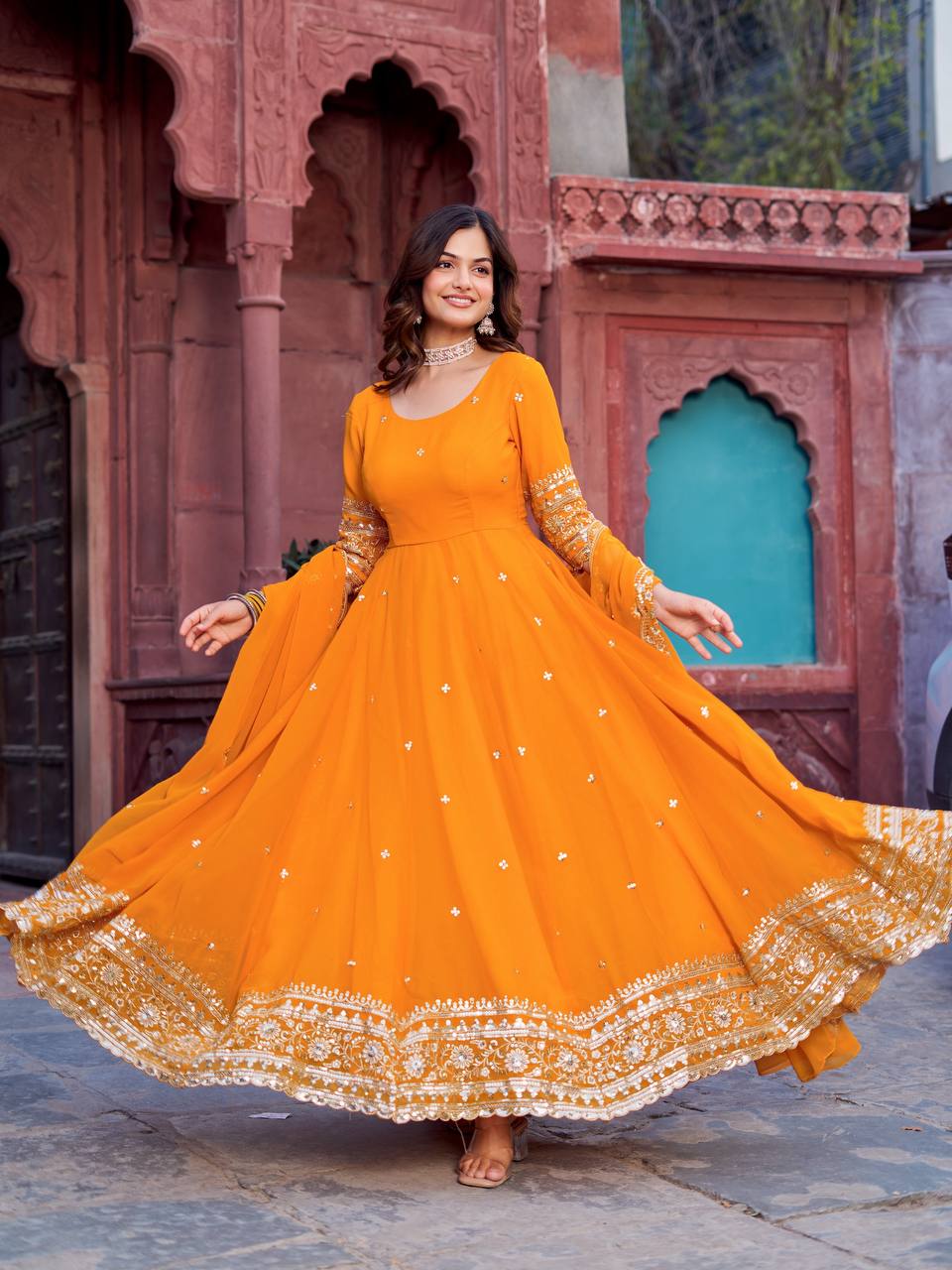 RangBhoomi SP Series Elegant Faux Georgette Gown Set with Realistic Detailing and Comfortable Fit
