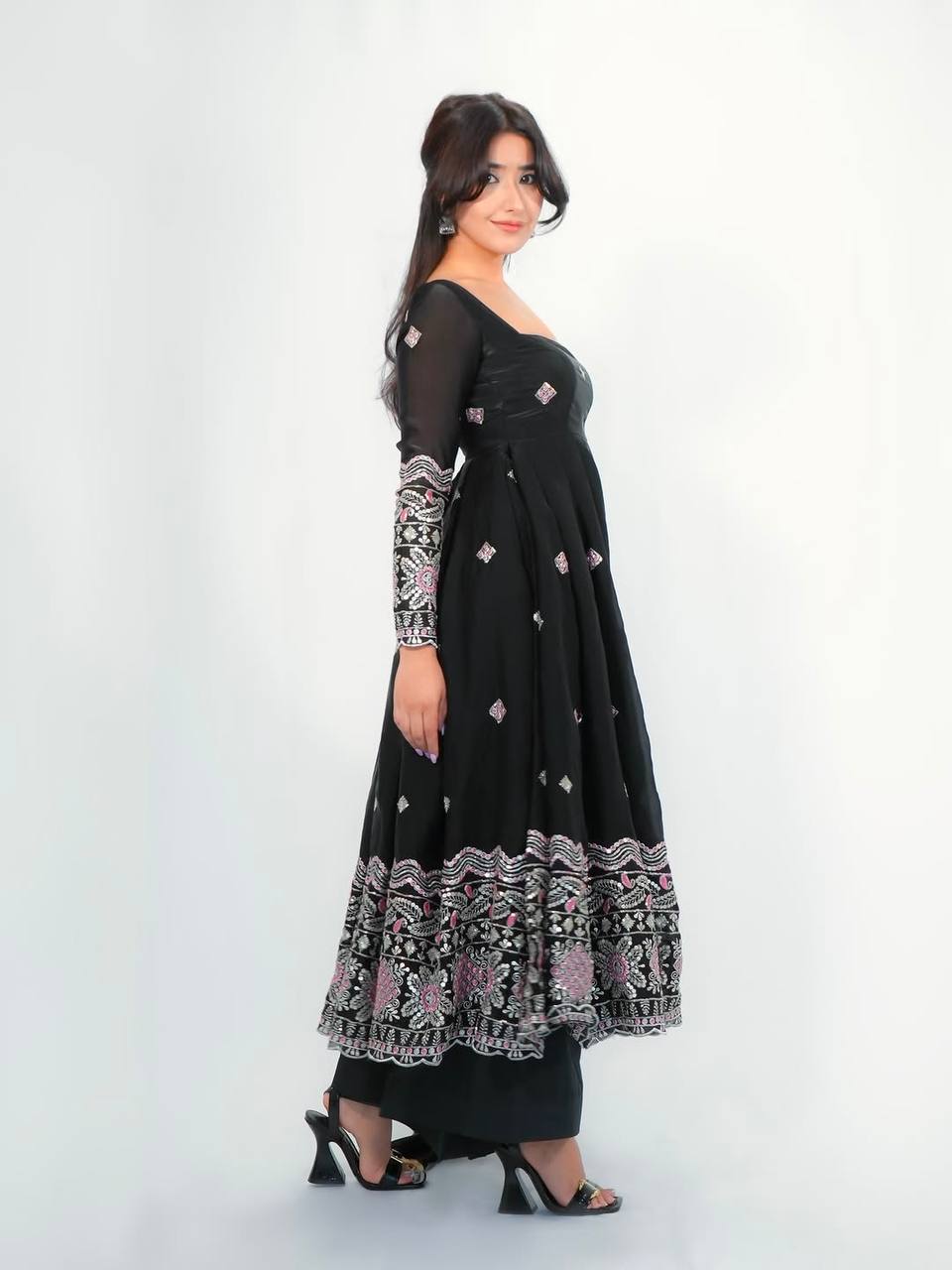 RangBhoomi Designer Party Wear Two-Tone Fandy Silk Embroidered Gown with Dupatta & Plazo