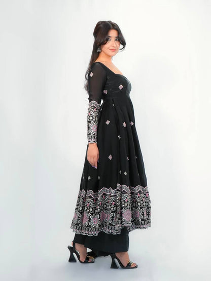 RangBhoomi Designer Party Wear Two-Tone Fandy Silk Embroidered Gown with Dupatta & Plazo