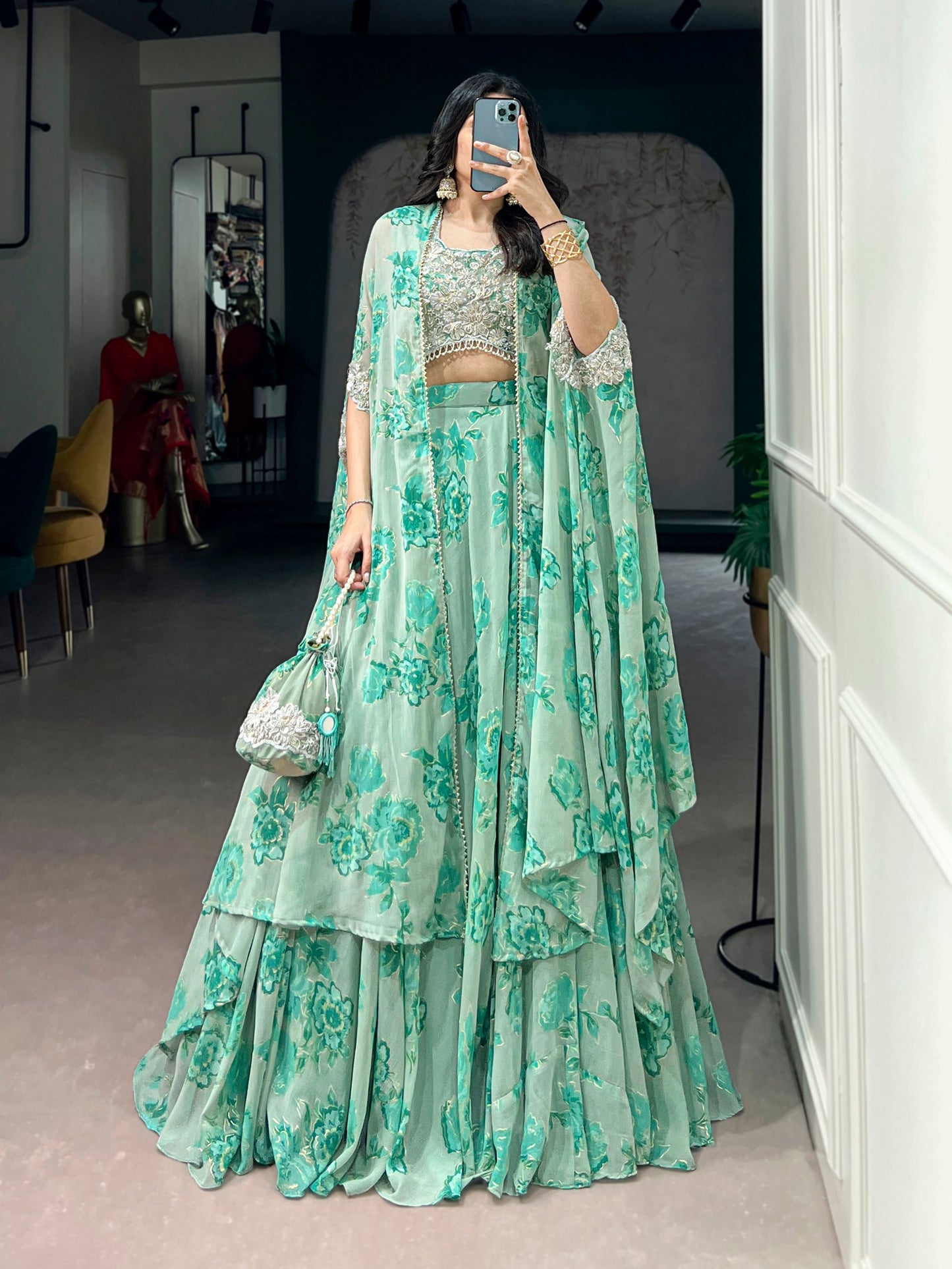 RangBhoomi Pastel Cape Style Lehenga - Ready-to-Wear Embroidered Set