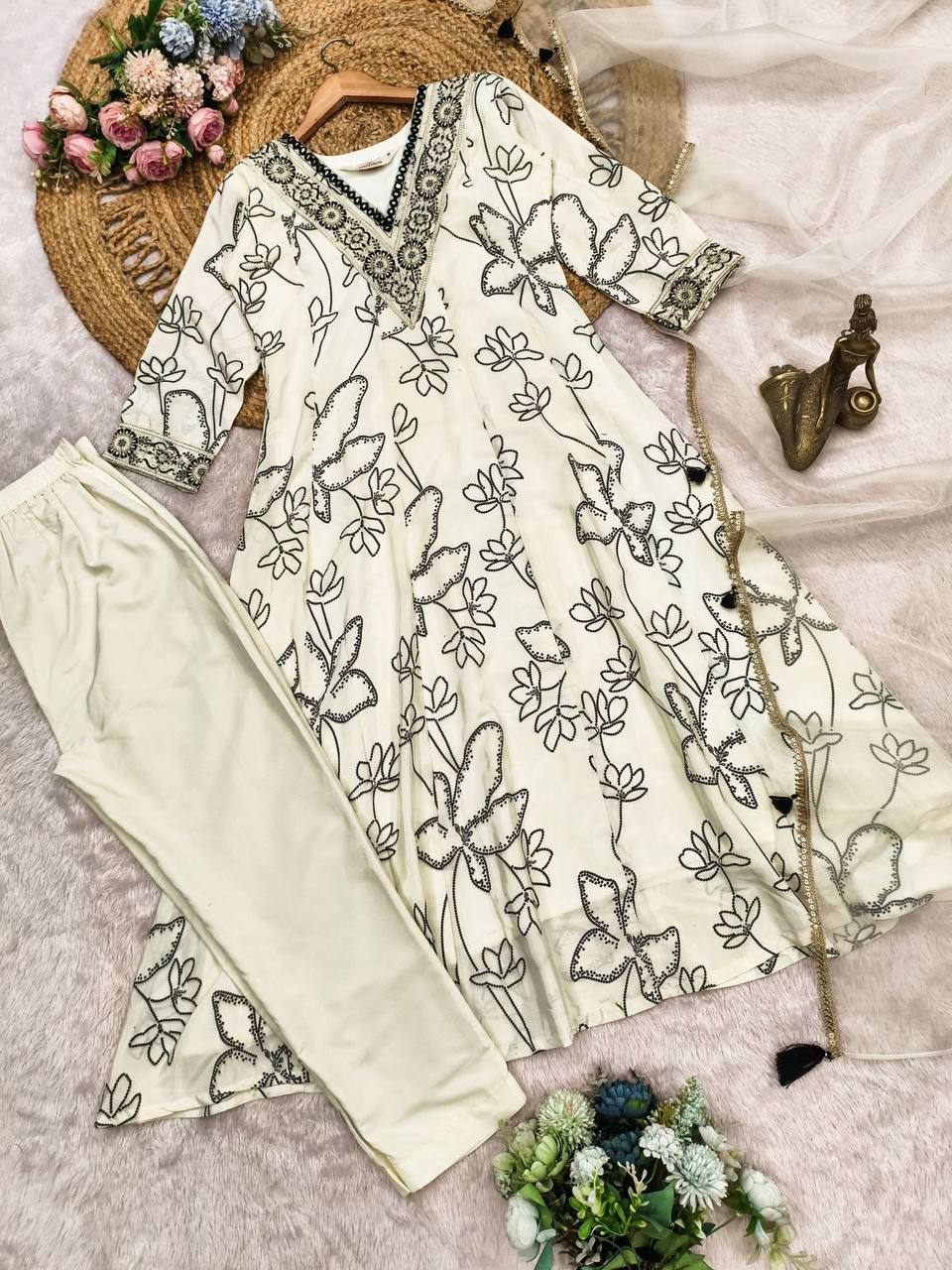 Back detailing of white Anarkali suit with digital print and flowing dupatta.