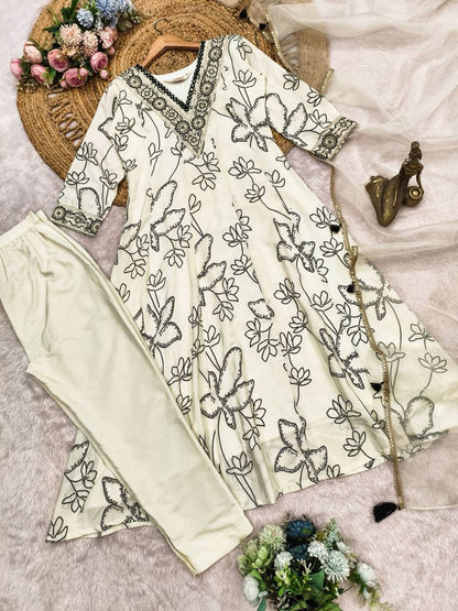 Back detailing of white Anarkali suit with digital print and flowing dupatta.