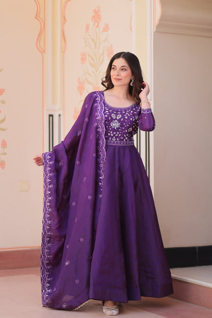 Elegant Gold Crush Embroidered Gown and Designer Dupatta Set